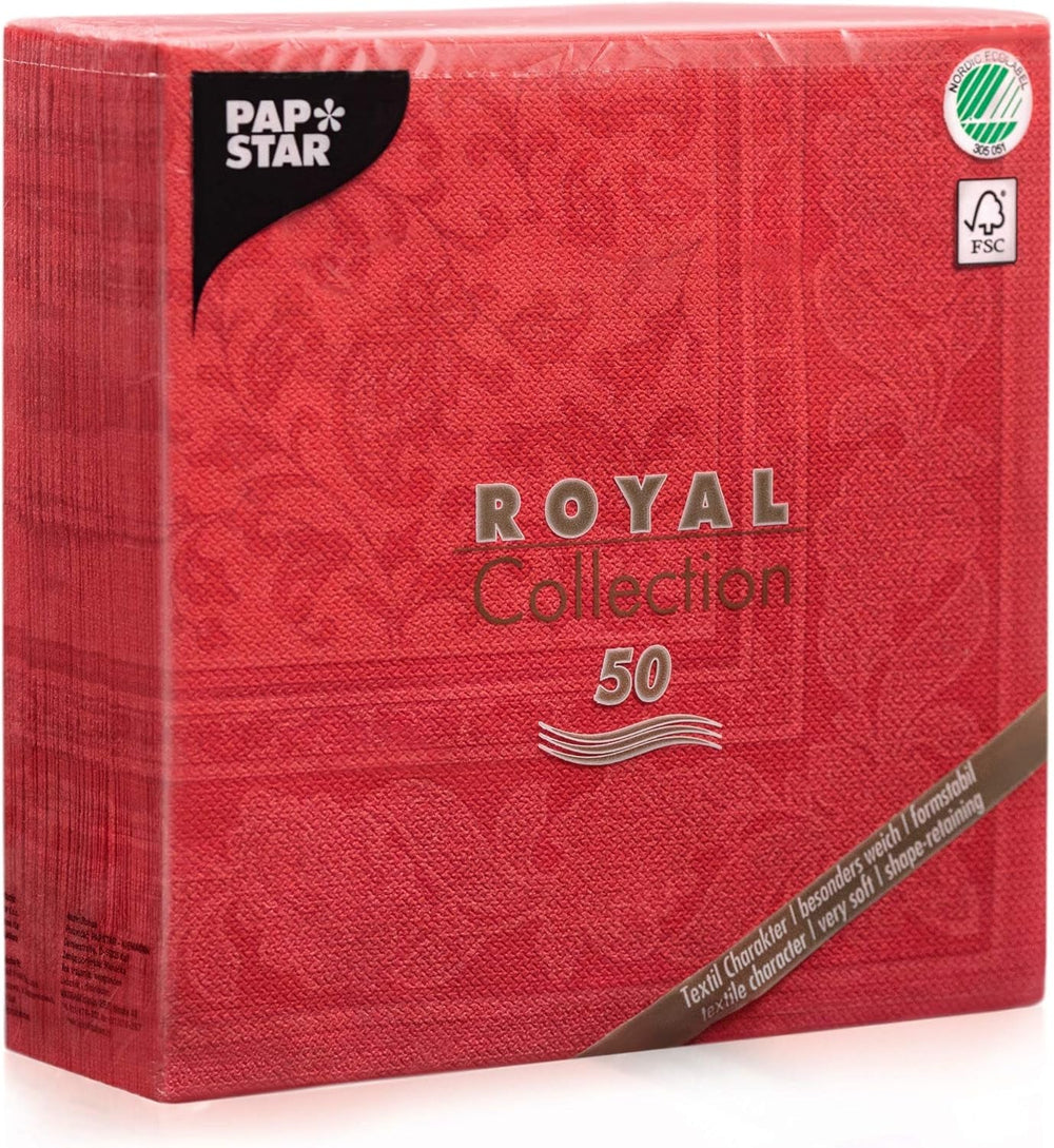 50 Serviettes Premium "Collection ROYAL" Pliage 1/4 40 cm x 40 cm Rouge Haute Qualité "Ornements" (Lot de 2)