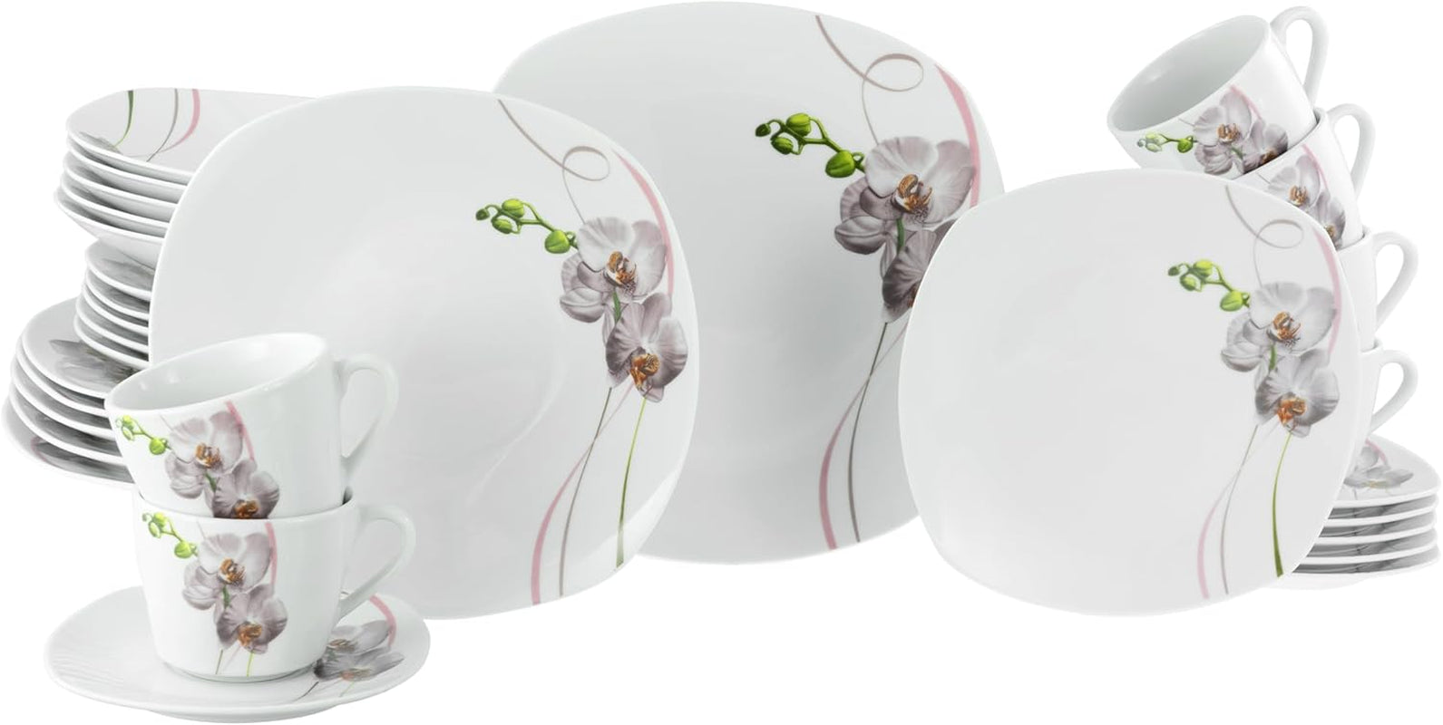 Creatable, 22536, Serie Square Orchidee, 62-Teiliges Geschirrset Für 6 Personen, Kombiservice Aus Porzellan, Spülmaschinen- Und Mikrowellengeeignet, Qualitätsproduktion Seturi vesela masa Naty Shop Kombiservice 30 Tlg