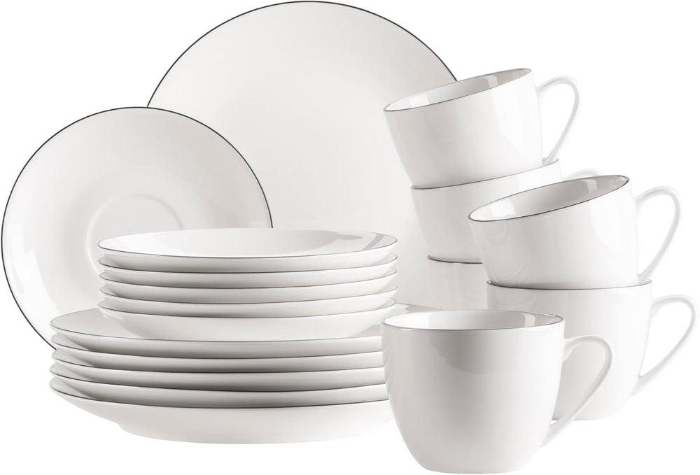 MÄSER Série Felise, service à café élégant pour 6 personnes, intemporel, bord noir, porcelaine, blanc