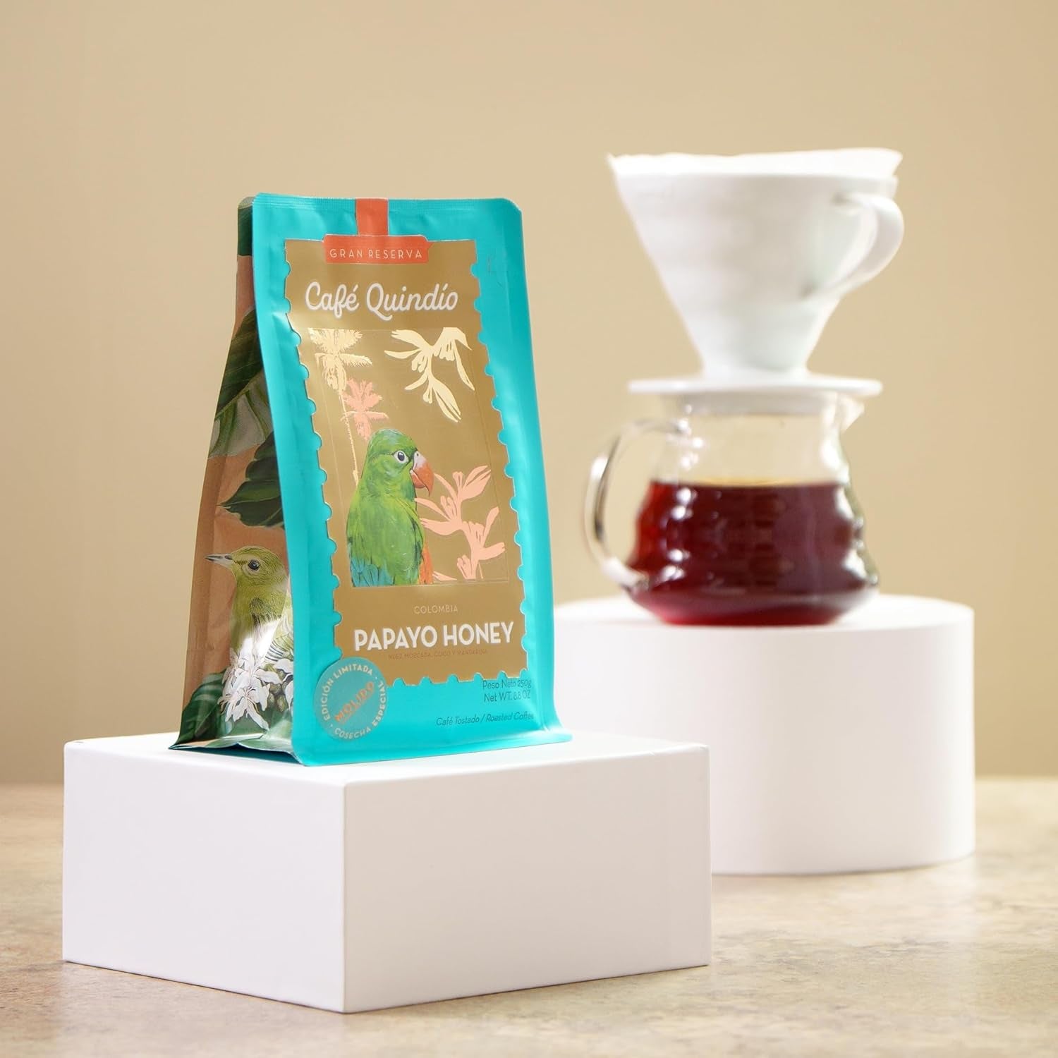 Café Quindio Papayo Honey Specialty Coffee - Café en grains 100% Arabica d'origine unique Colombie - aux notes naturelles de muscade, noix de coco et mandarine (250g) - idéal pour Chemex