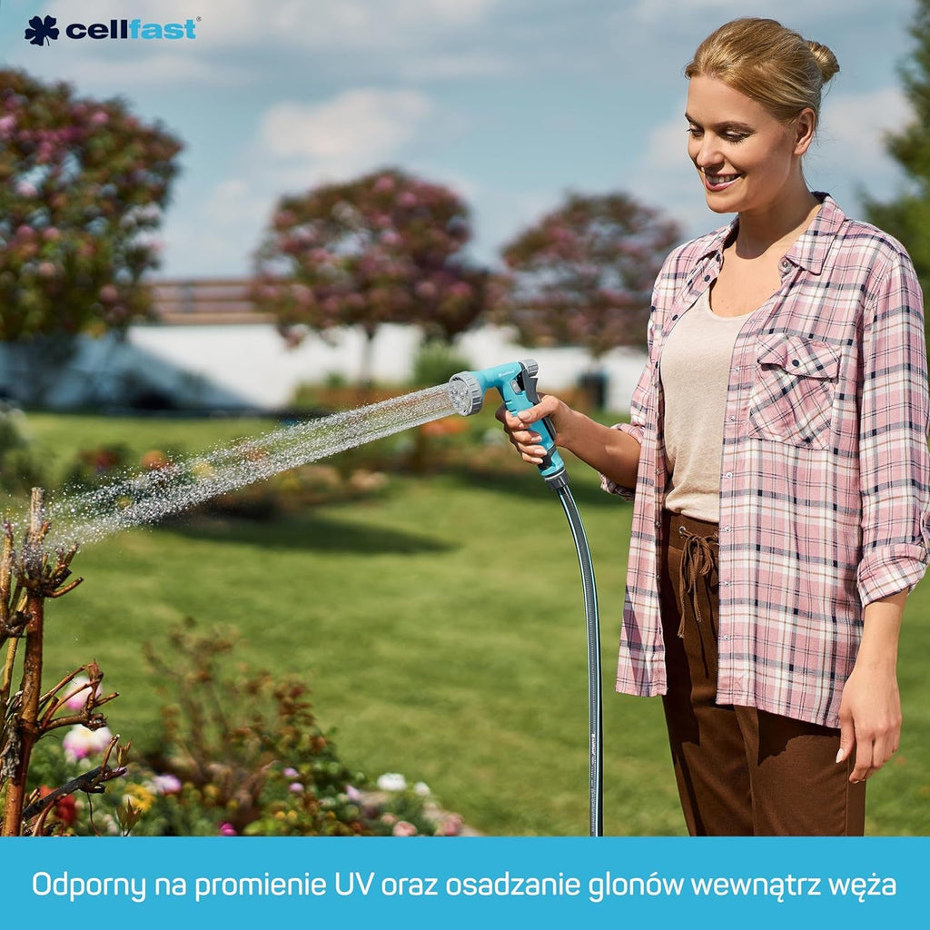 Furtun de grădină Cellfast MULTIFLEX PRO, durabil, cu 6 straturi, împletitură tricotată ATS2, rezistent la UV și alge, fără metale grele, tehnologie de catifea, 35 bar, -20/+65°C, 3/4", 30m