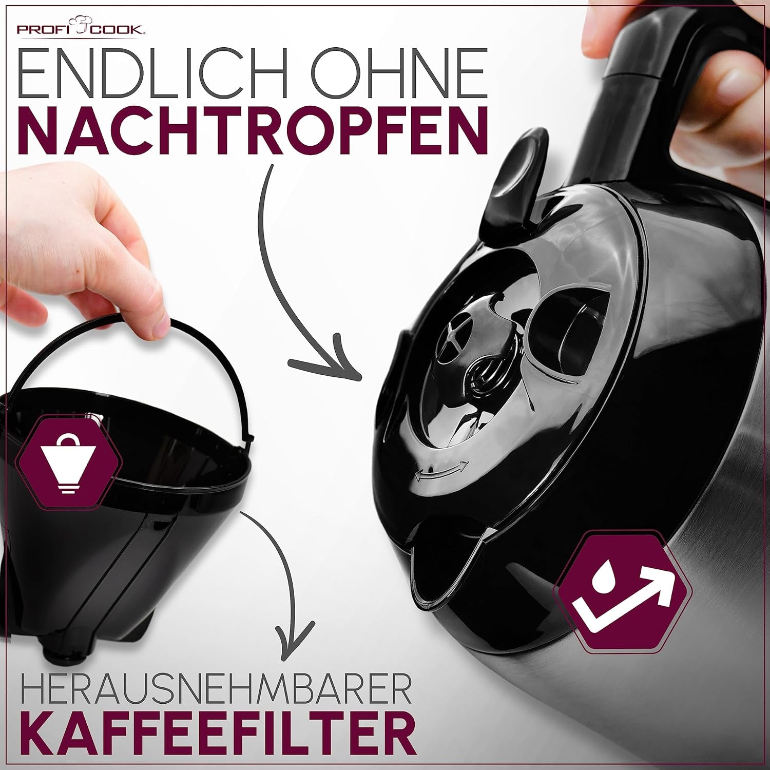 Machine à café Profi Cook | 8-10 tasses | Minuterie | Commandes tactiles à capteur | Carafe thermos à double paroi de 1,2 litre | Sceau de saveur | Cafetière filtre en inox | PC-KA 1191