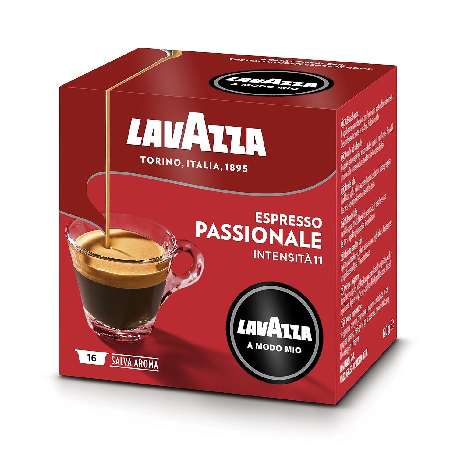 Lavazza, A Modo Mio Passionale, 256 capsules de café, pour un Espresso aux notes de caramel et de chocolat, 100% Arabica, intensité 11/13, torréfaction foncée, 16 paquets x 16 capsules