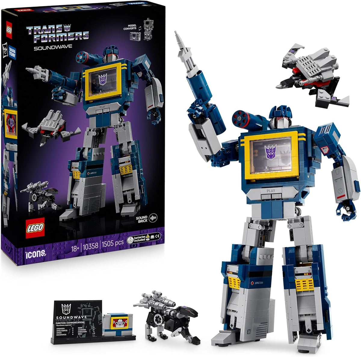 LEGO Icons Transformers: Soundwave Set für Erwachsene - Modellbau mit verwandelbaren Figuren inkl. Laserbeak & Ravage sowie einem Soundstein - Sammlerstück & Geschenk für Fans - 10358