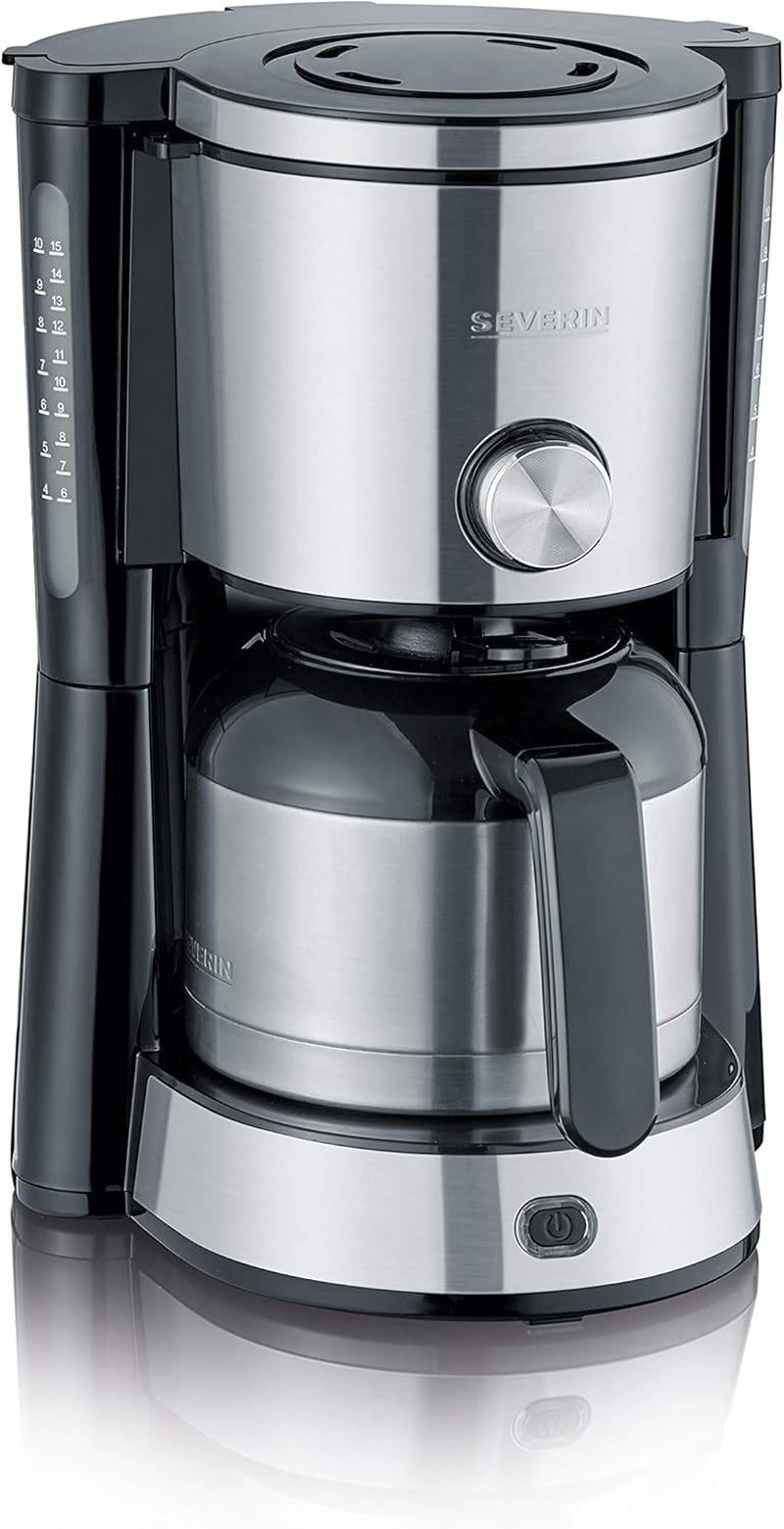 Machine à expresso SEVERIN "TypeSwitch" avec carafe thermique, AromaSwitch pour choisir entre 2 profils de distribution, machine à café jusqu'à 10 tasses, 1000W, acier inoxydable brossé-noir, KA 4845