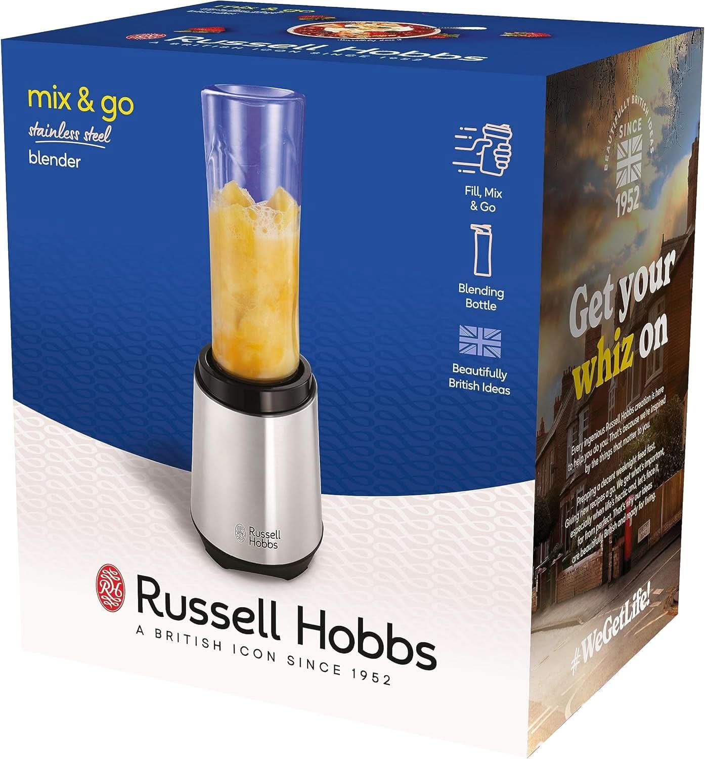 Russell Hobbs Mixer - Mixeur sur socle et machine à smoothie à emporter [Moteur de puissance 23 500 U/Min] Inkl. 1X Mixbehälter 600Ml (Bpa-Frei, Spülmaschinen- & Bruchfest Inkl. Deckel) Zerkleinerer, Edelstahl, 23472-56 Kitchen Naty Shop