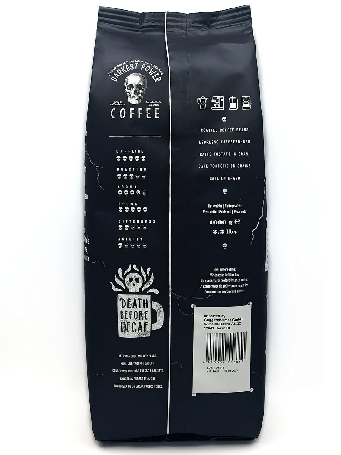 | Kaffeebohnen extra fort | Expresso 100% Robusta | viel Kaffein wenig Säure | 1000g de Ganze Kaffee Bohnen | geigeint für Entièrement automatique | avec garantie de garantie