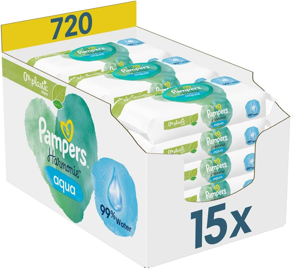 Boîte de recharge 2320 Plus 2017 (paquet de 6) et boîte de lingettes humides Pampers Harmony Aqua Baby, 720 lingettes (15 x 48), protection douce de la peau avec 99 % d'eau