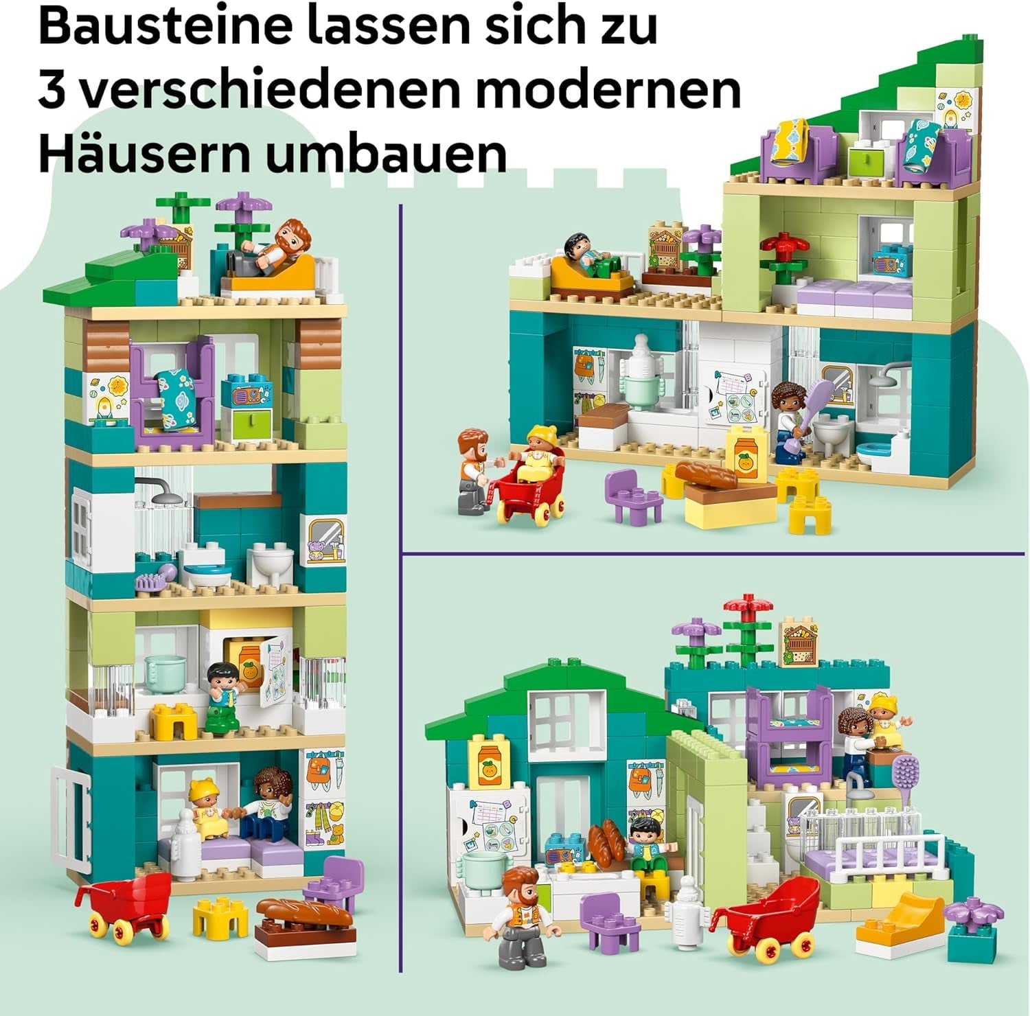 LEGO DUPLO 3-in-1 Modernes Familienhaus mit Figuren - Kleinkinder Lernspielzeug für Feinmotorik - Montessori Spielzeug mit Puppenhaus Zubehör - Geschenk für Mädchen und Jungen ab 2 Jahren - 10470