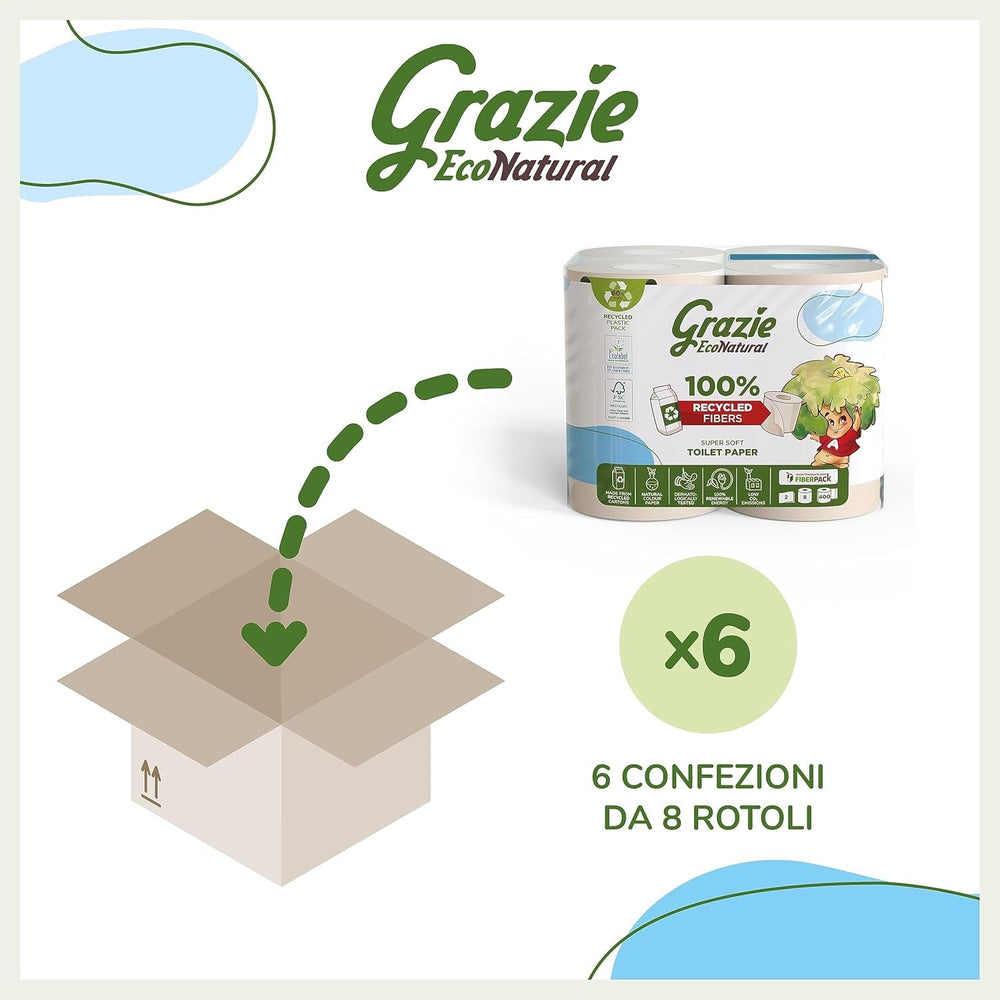 Grazie Natural, papier toilette, Maxi Ecol FSC, 48 rouleaux, testé dermatologiquement, papier toilette 100% recyclé, écologique, fabriqué en Italie