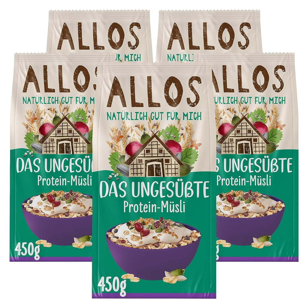 Allos muesli protéiné non sucré | Muesli biologique | Gruau | Céréales pour le petit déjeuner | Vegan (5 x 450g), 1 pièce (paquet de 5)