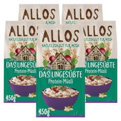 Allos muesli protéiné non sucré | Muesli biologique | Gruau | Céréales pour le petit déjeuner | Vegan (5 x 450g), 1 pièce (paquet de 5)