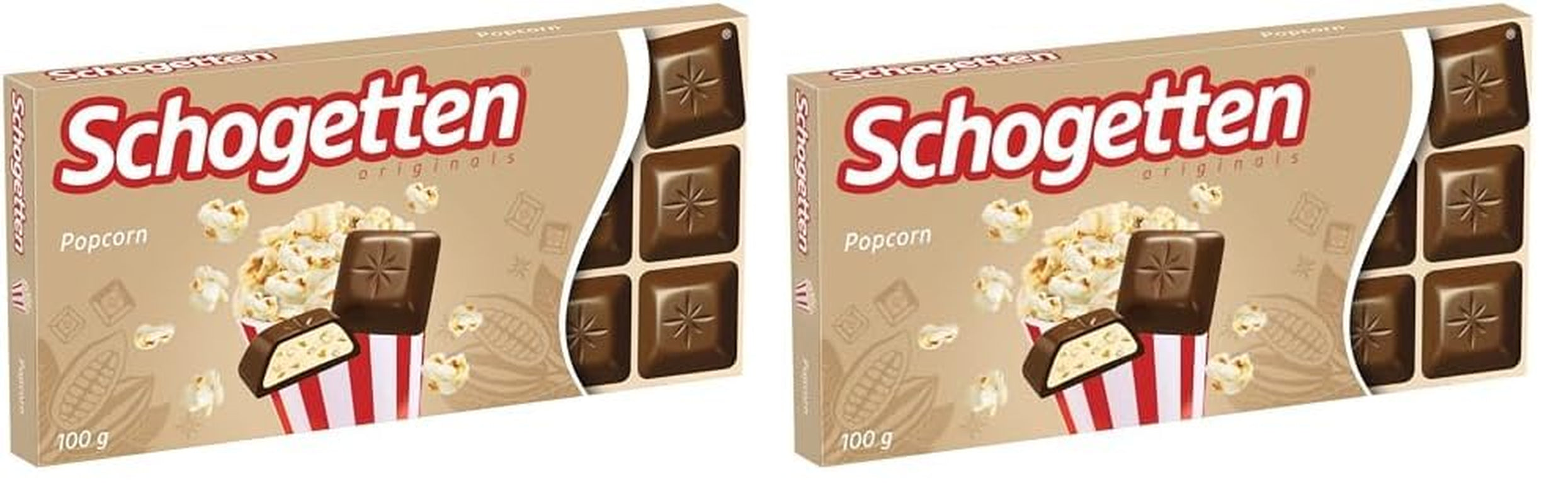 Popcorn Schogetten 1 barre de chocolat x 100g, chocolat au lait avec popcorn et morceaux de maïs, morceaux individuels pratiques. Un délice. Pièce par pièce.