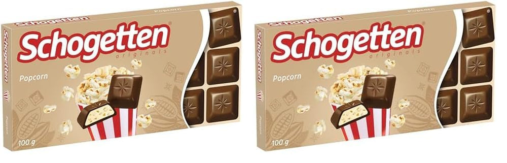 Popcorn Schogetten 1 barre de chocolat x 100g, chocolat au lait avec popcorn et morceaux de maïs, morceaux individuels pratiques. Un délice. Pièce par pièce.
