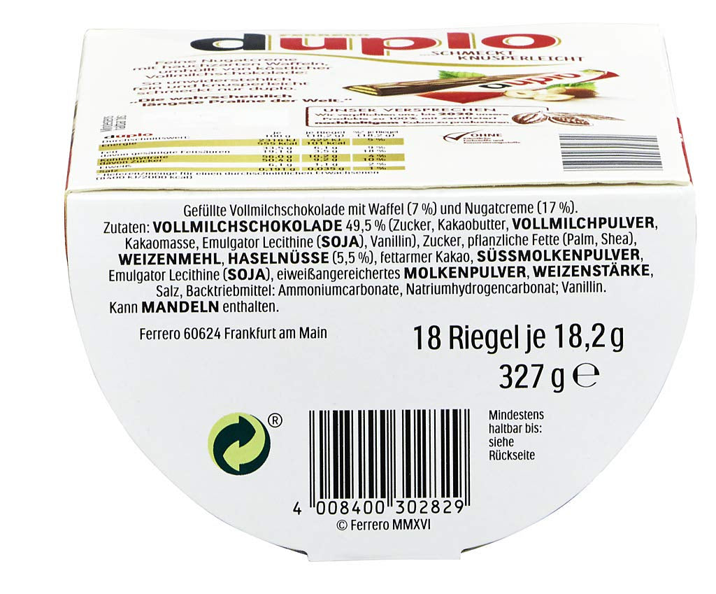 Ferrero duplo Large Pack - Barres de chocolat avec crème de nougat fine, gaufrette croquante et chocolat au lait fin - Bonbons Carnaval et Mardi Gras - 15 paquets de 18 barres emballées individuellement