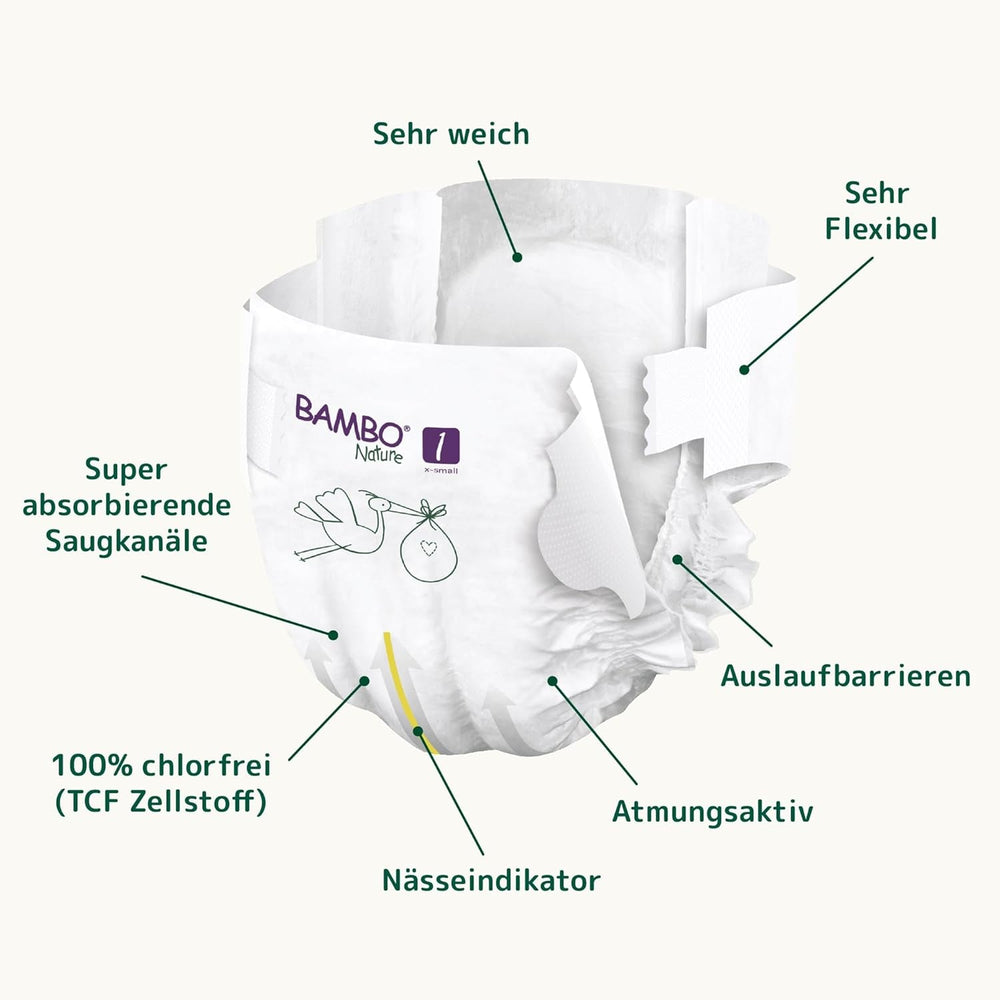 Scutece Bambo Nature pentru bebeluși, mărimea 1 (2-4 kg), cutie lunară de 132 bucăți | Scutece premium cu protecție îmbunătățită împotriva scurgerilor | Confort și libertate supreme pentru nou-născuți | Scutece testate dermatologic