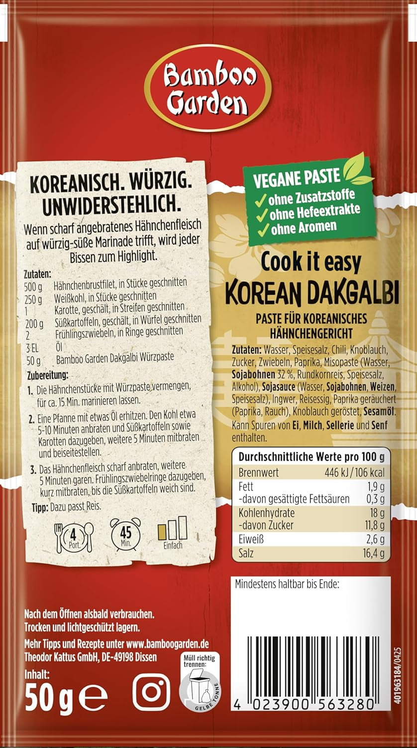 Jardin de bambous - Dakgalbi Würzpaste coréen | Zum Marinieren von Hühnchen, Gemüse et Tofu | Pour 4 portions | Ingrédients végétaliens et naturels | 50 g en sachet