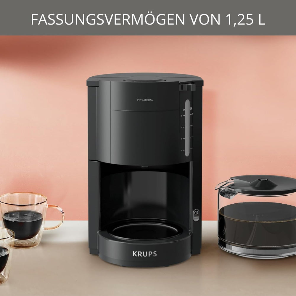 Krups F30908 ProAroma Machine à expresso avec filtre et carafe en verre, capacité 1,25 l, 10-15 tasses, 1050 W, noir