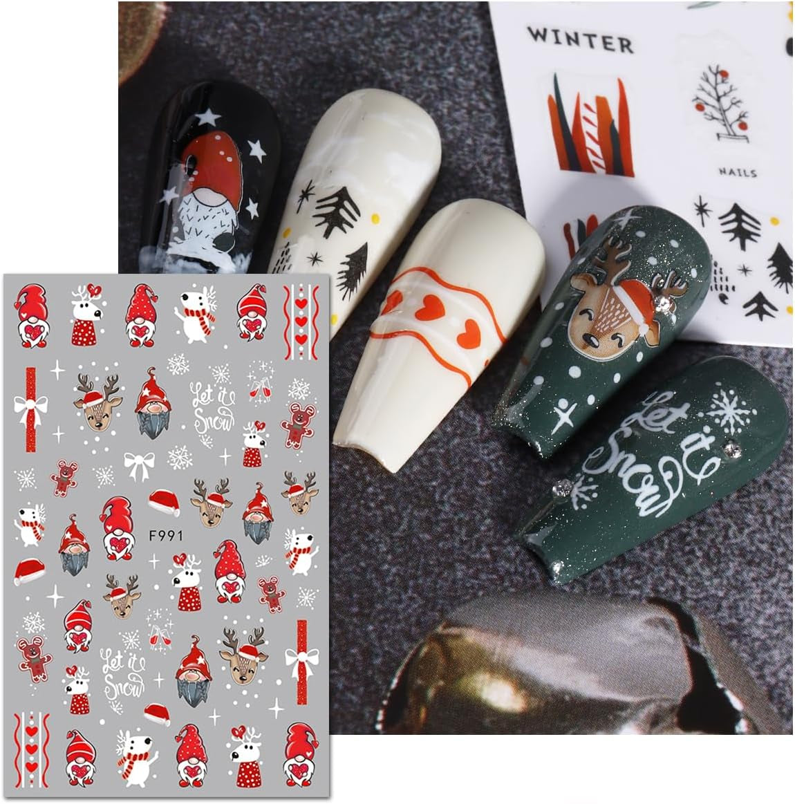 JMEOWIO Nagelsticker Weihnachten 10 Blatt Nail Art Sticker Selbstklebend Nagelaufkleber Schneeflocke Winter Urlaub Süß Dekoration Nageldesign Zubehör