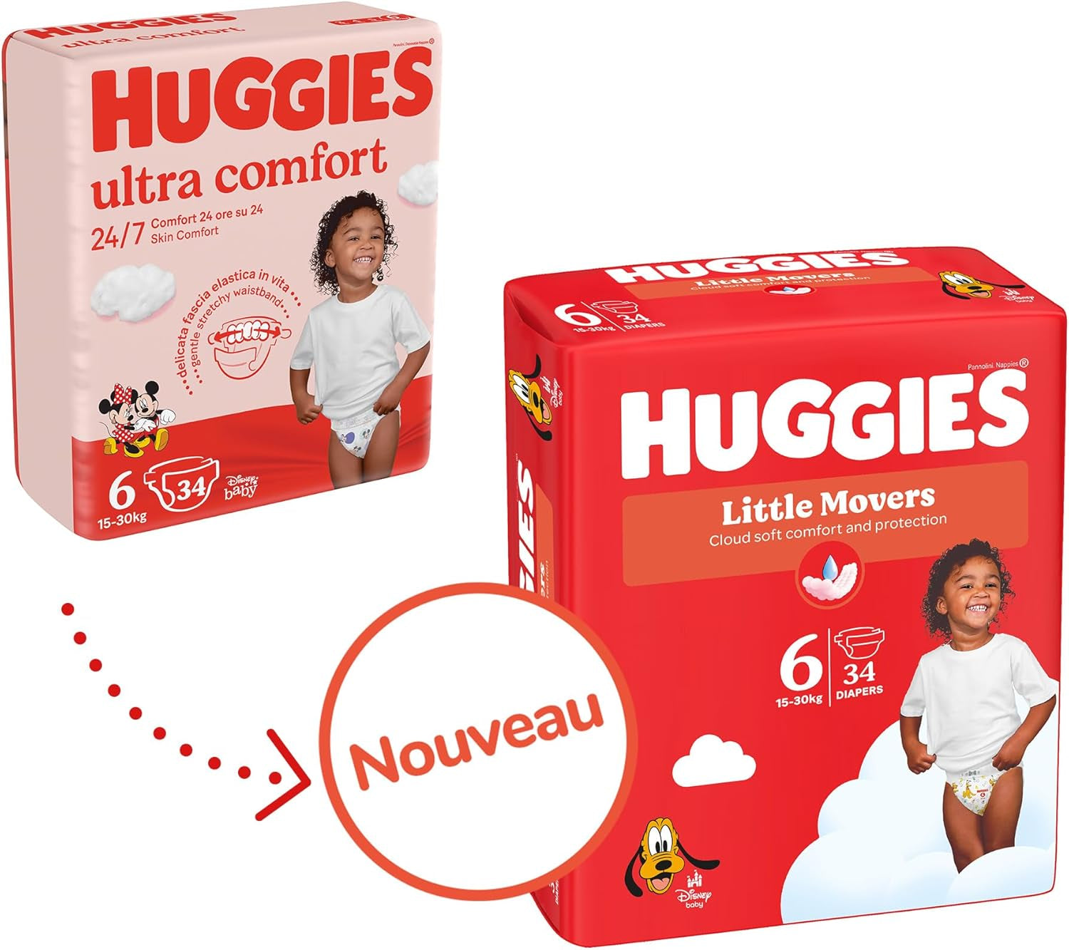 Couches pour bébé Huggies Little Movers, motif Disney, taille 6, 102 pièces (3 x 34), boîte mensuelle