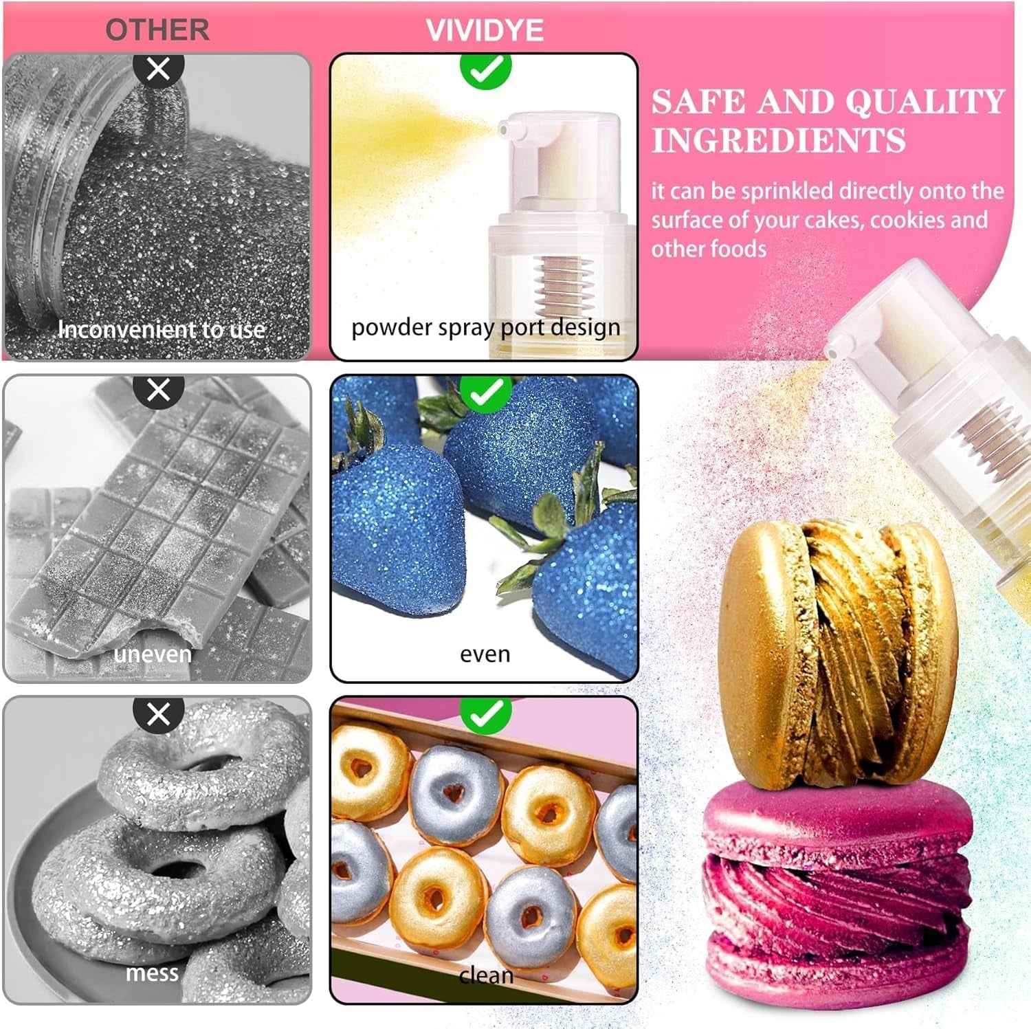 Ensemble de spray à paillettes comestibles – 20 g de poussière de paillettes irisées pour boissons, champagne, gâteaux – Colorant alimentaire métallique comestible pour cocktails, vin, liqueur, pâtisserie, gâteaux