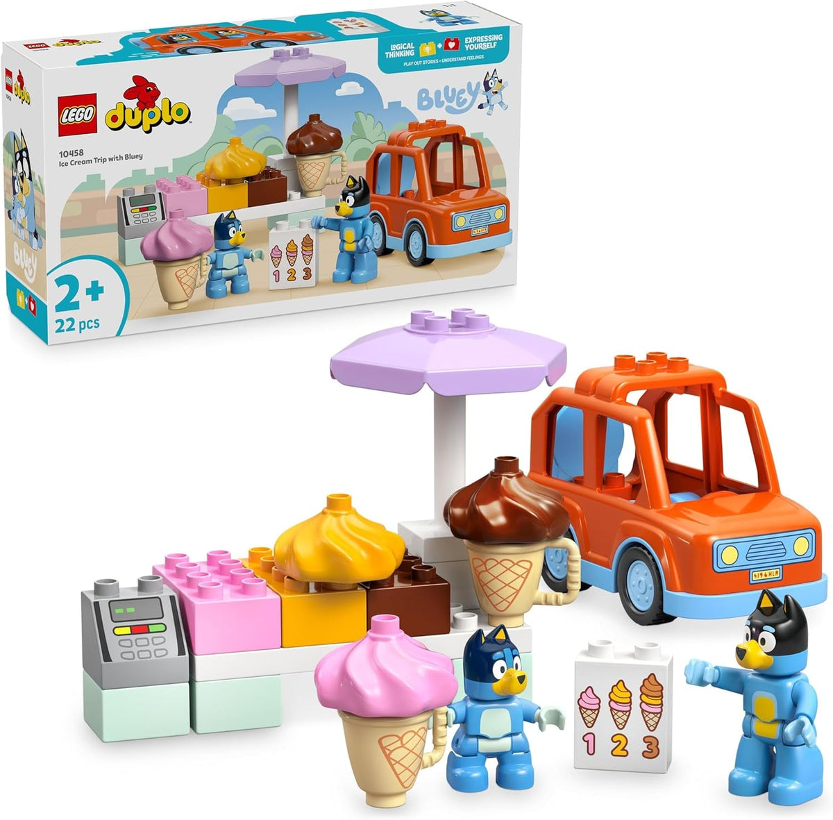LEGO DUPLO Bluey: Ausflug zur Eisdiele mit Bluey - Lernspielzeug für Kleinkinder - Mit Spielzeug Auto und 2 Minifiguren - Geschenk für Mädchen & Jungen ab 2 Jahren - 10458