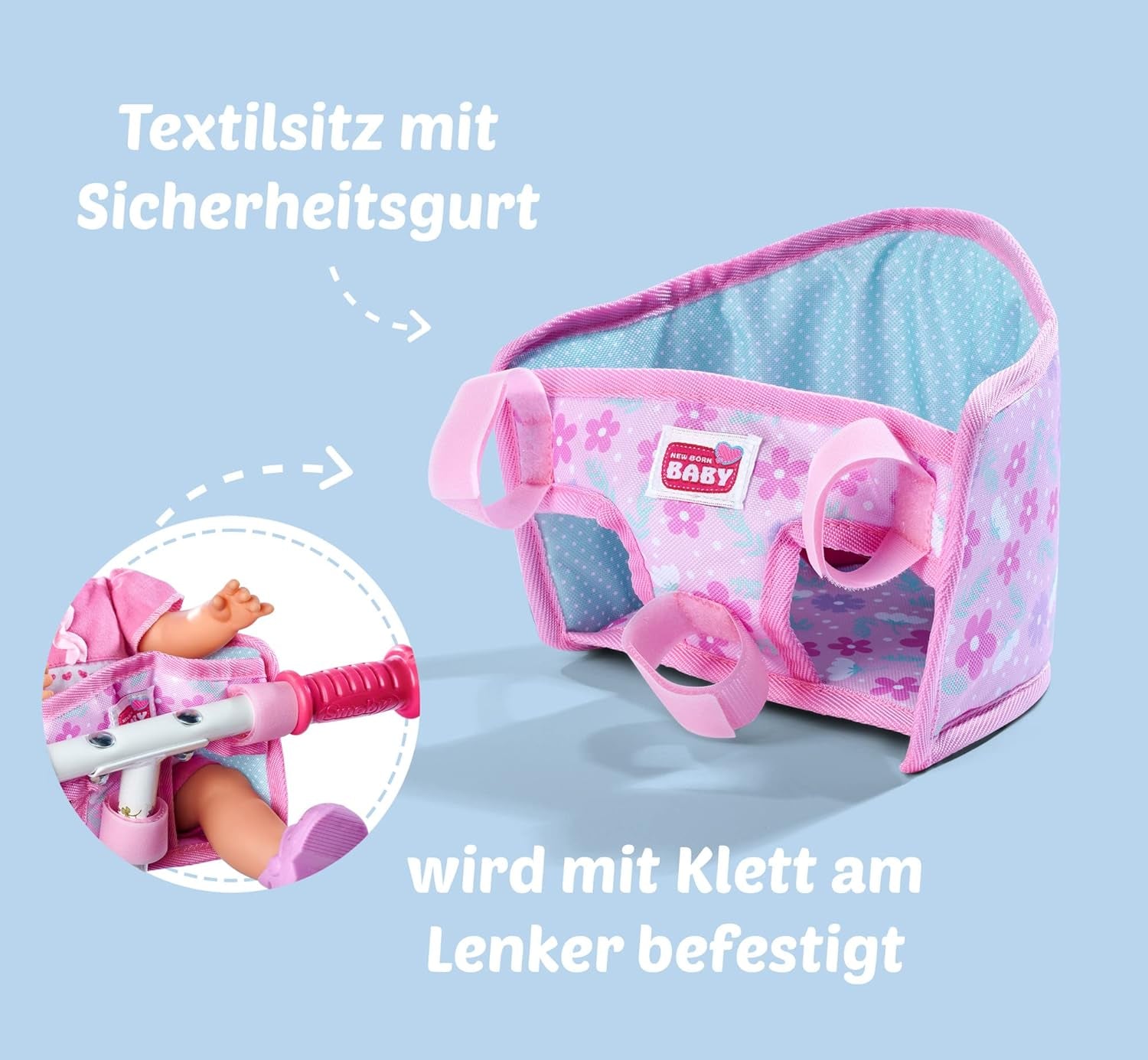 Simba 105560018 - Siège de vélo nouveau-né avec ceinture, accessoire de poupée, siège en tissu, ceinture de sécurité, guidon Velcro, pour poupées de 30 à 43 cm, à partir de 3 ans