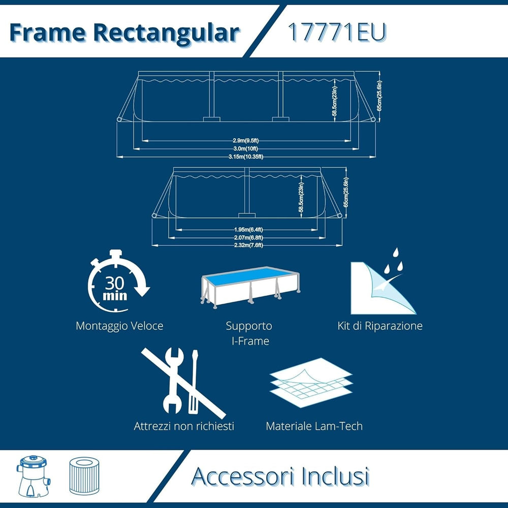 Piscină supraterană Avenli Pool 300 x 207 x 65 cm, cadru din oțel, set piscină cu pompă de filtrare, furtunuri și cartuș de filtrare, cadru gri, piscină dreptunghiulară