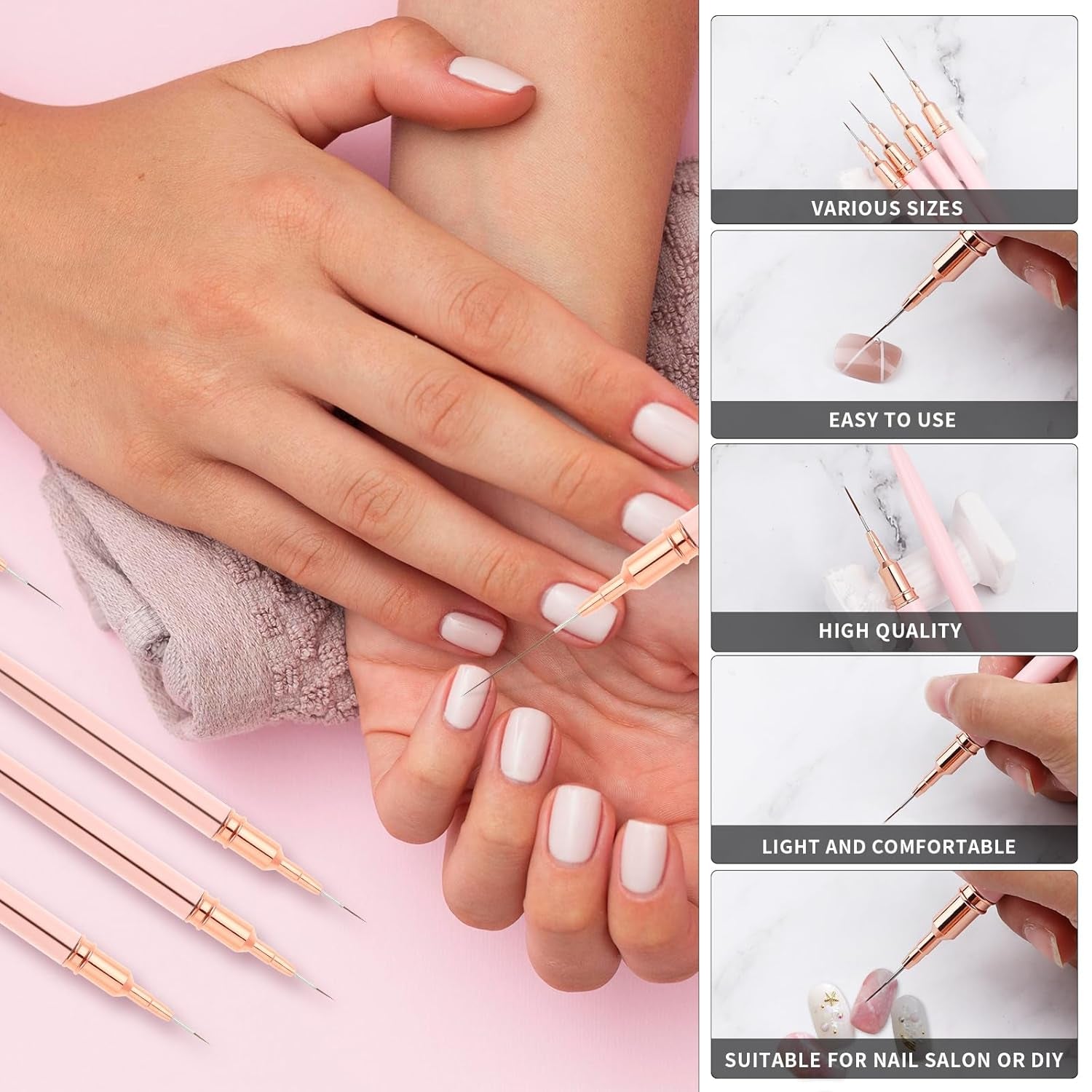 Nail Art Liner-Brush 5-Teiliges Gel-Nagellack-Malerei-Nagel-Punkt-Zeichnungs-Werkzeug für Lange Linien Kunst-Design-Stift-Set Metallgriff Nail-Art-Design-Binsel for Frauen