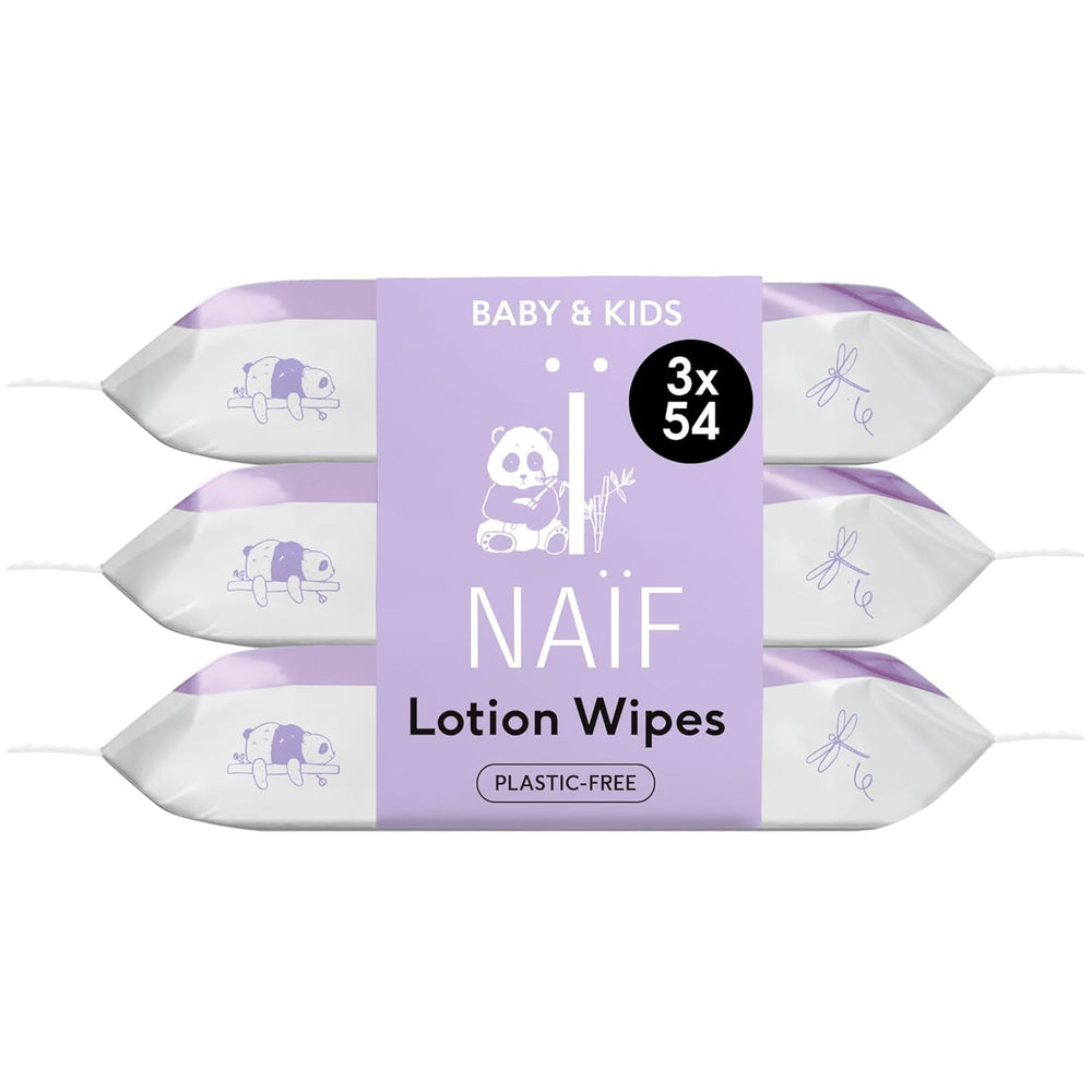 Naïf - Lingettes humides sans plastique - 162 pièces (3 paquets de 54 lingettes chacun) - pour bébés et enfants - fesses, corps, visage - à l'aloe vera et bambou - 0% parfum et alcool