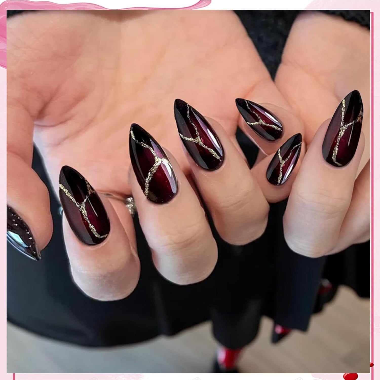 24 pièces faux ongles rouges et noirs colle sur faux ongles colle sur ongles pointes d'ongles en forme d'amande couverture complète faux ongles ensemble d'ongles à pression faux ongles rouges et noirs