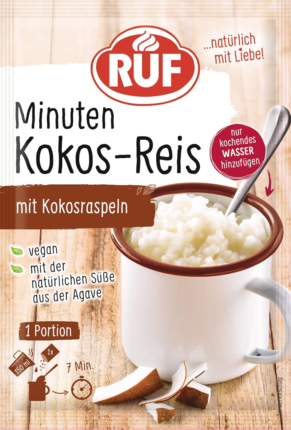 RUF Tassen-Grießbrei Klassisch, Instant Grießbrei Aus Der Tasse, Tassengericht Ideal Für Unterwegs or der Zwischendurch, Fertig in 5 Minuten, 1 X 58G Cereale Naty Shop 58 G (1Er Pack) Kokosreis