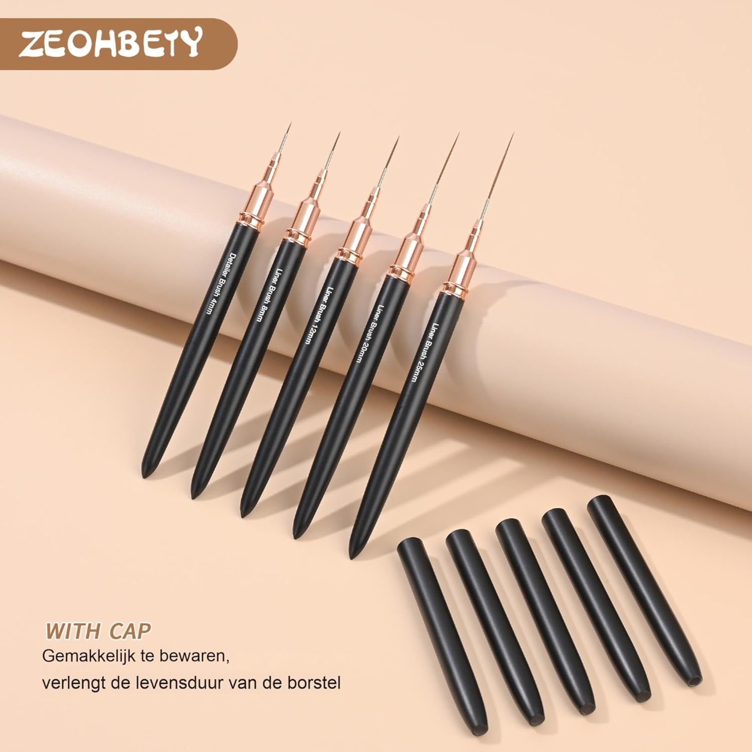 Lot de 5 pinceaux à ongles pour contour des ongles, ensemble de pinceaux de conception de peinture, outil de dessin de pointe d'ongle pour lignes longues, détails fins, dessin fin en taille 6/9/12/15/18 mm, noir