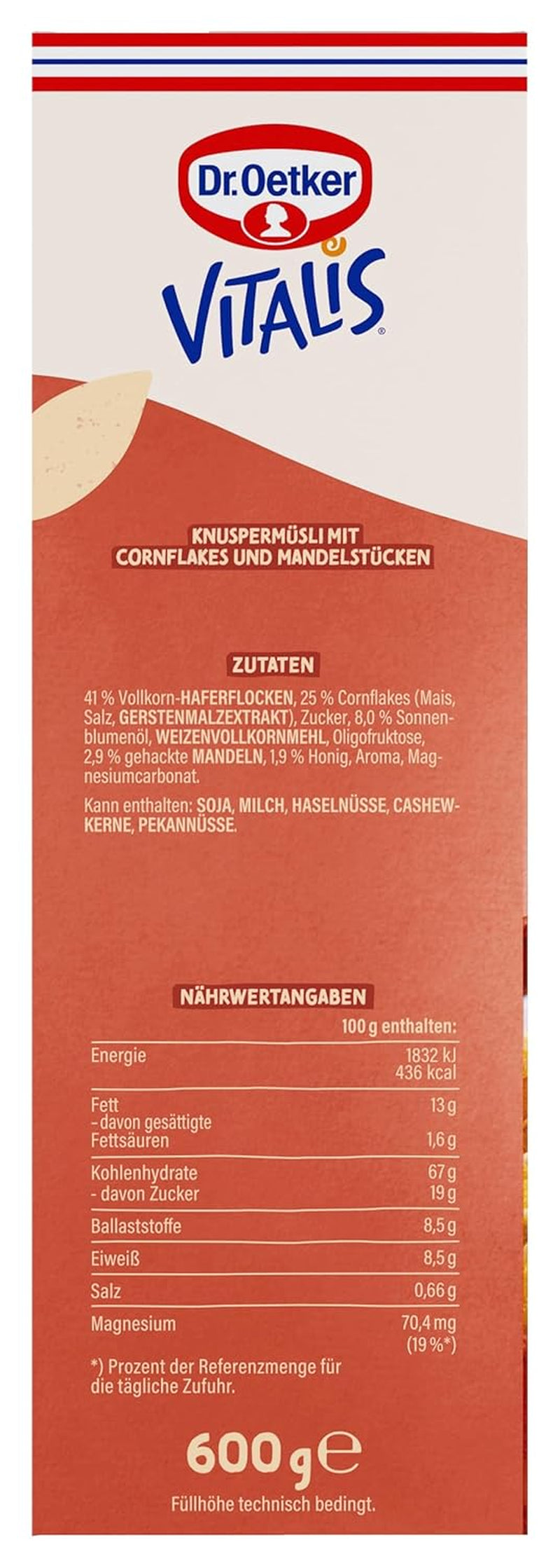 Dr. Oetker Vitalis Crunchy Flakes : Muesli croquant avec corn flakes et morceaux d'amandes, paquet de 5 (5 x 600g)