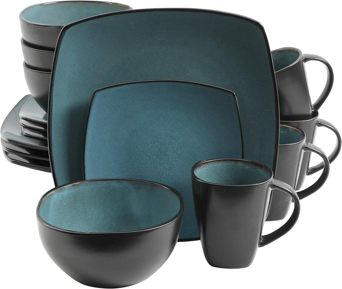 Gibson 99813.16R Elite Soho Lounge Service de table à vernis réactif pour 4 personnes, 16 pièces, bicolore bleu-vert/noir