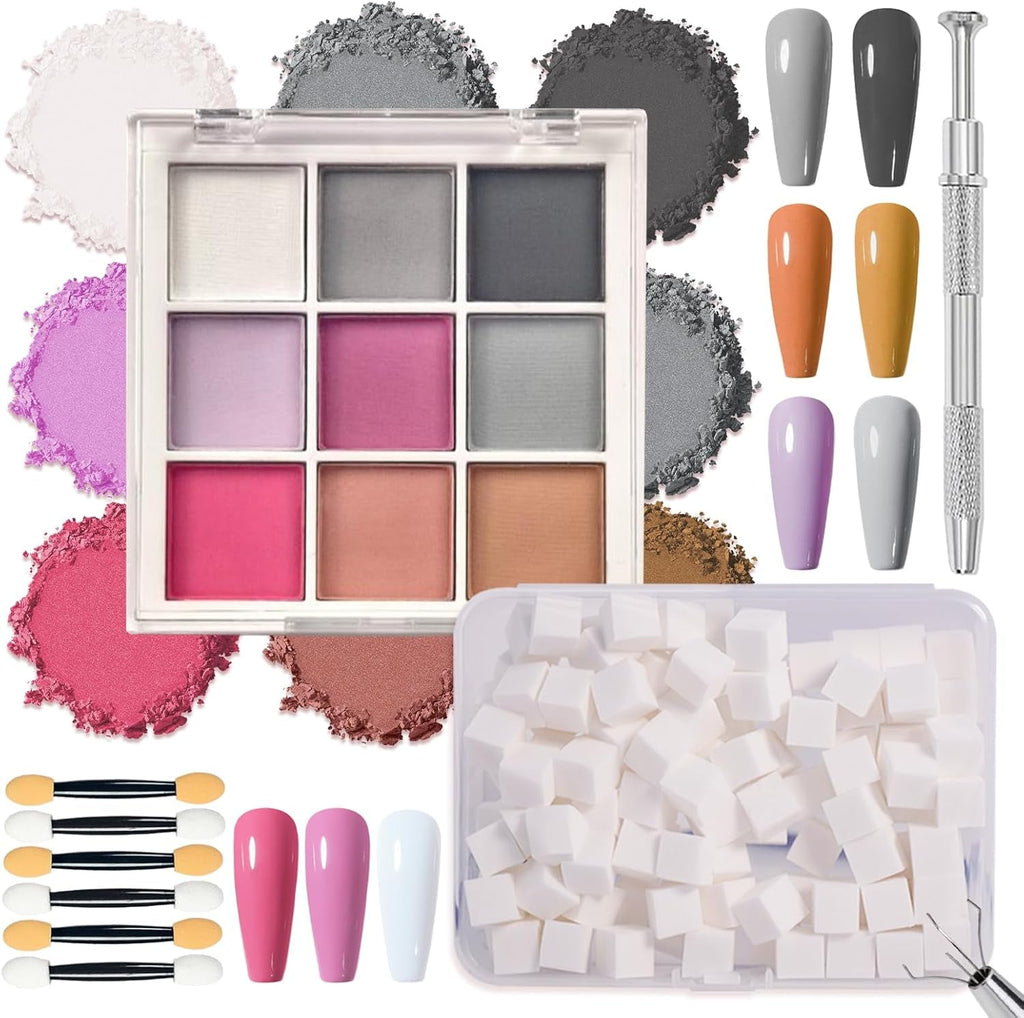 9 Farben Pigment Für Nägel, Nagelpulver Nail Powder 100 Stück Nail Art Schwamm Mit Metallgreifer, Ombre Glitzerpulver Nagelpuder Nailart Nagel Deko Für DIY Nageldesign, B