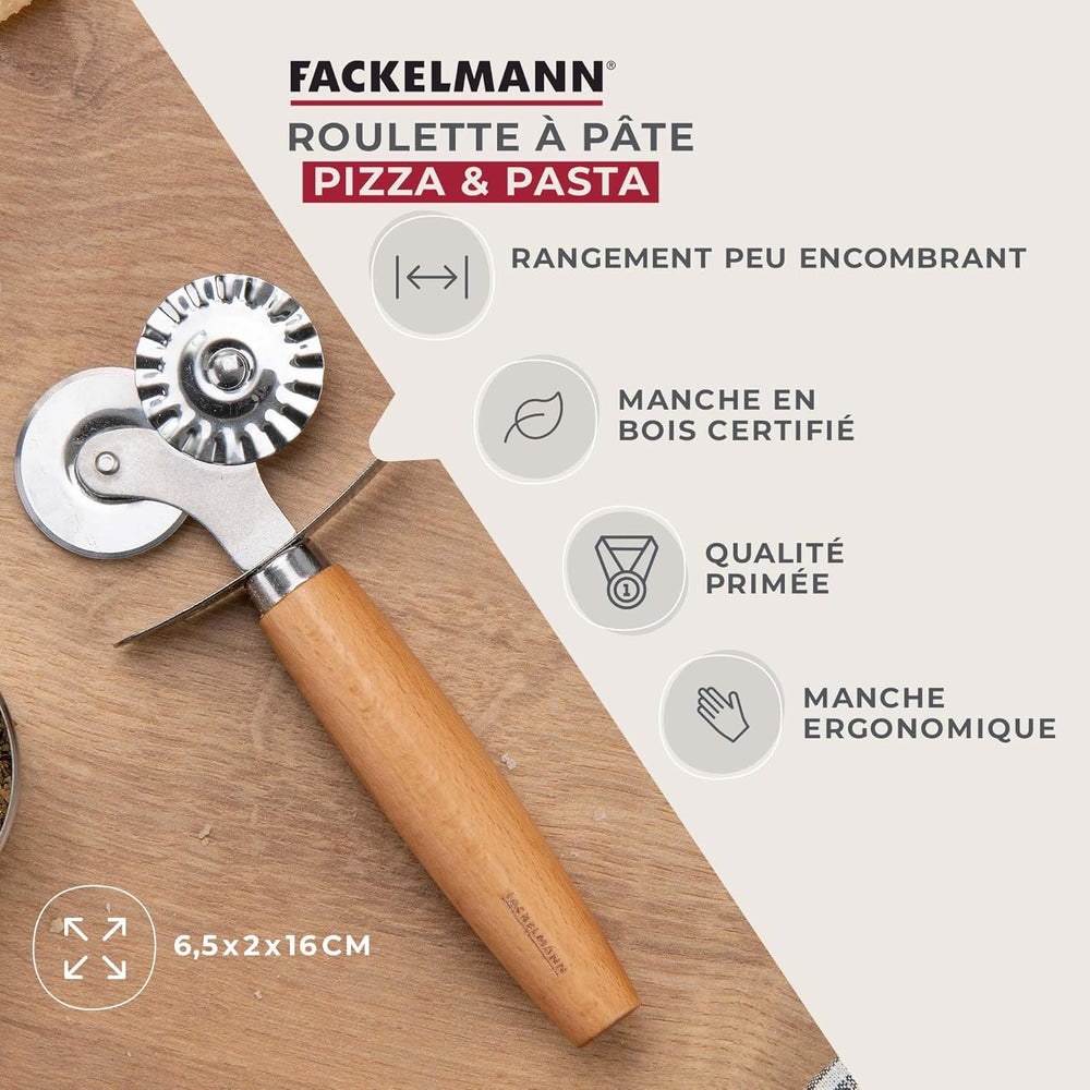 Roulette à pâtisserie Fackelmann pour raviolis, Maultaschen ou biscuits - Roulette à pâtisserie en alliage de zinc en acier inoxydable - pour pâtes maison - Manche ergonomique en bois de hêtre