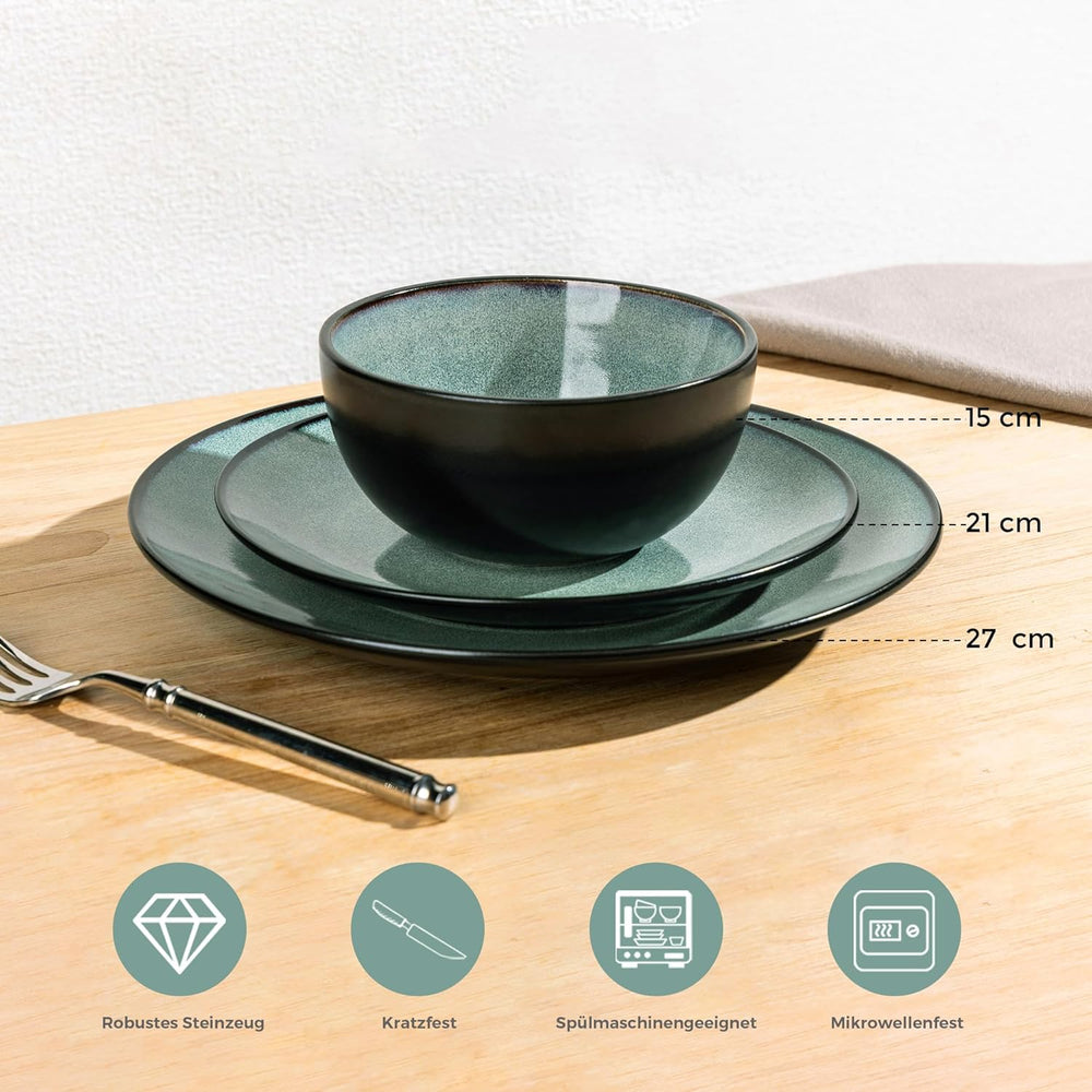 GBhome Service de table en porcelaine pour 4 personnes, 12 pièces, vernis réactif, fait à la main, passe au micro-ondes et au lave-vaisselle, ensemble de bols et d'assiettes, couleur essence GDW025WB-EU