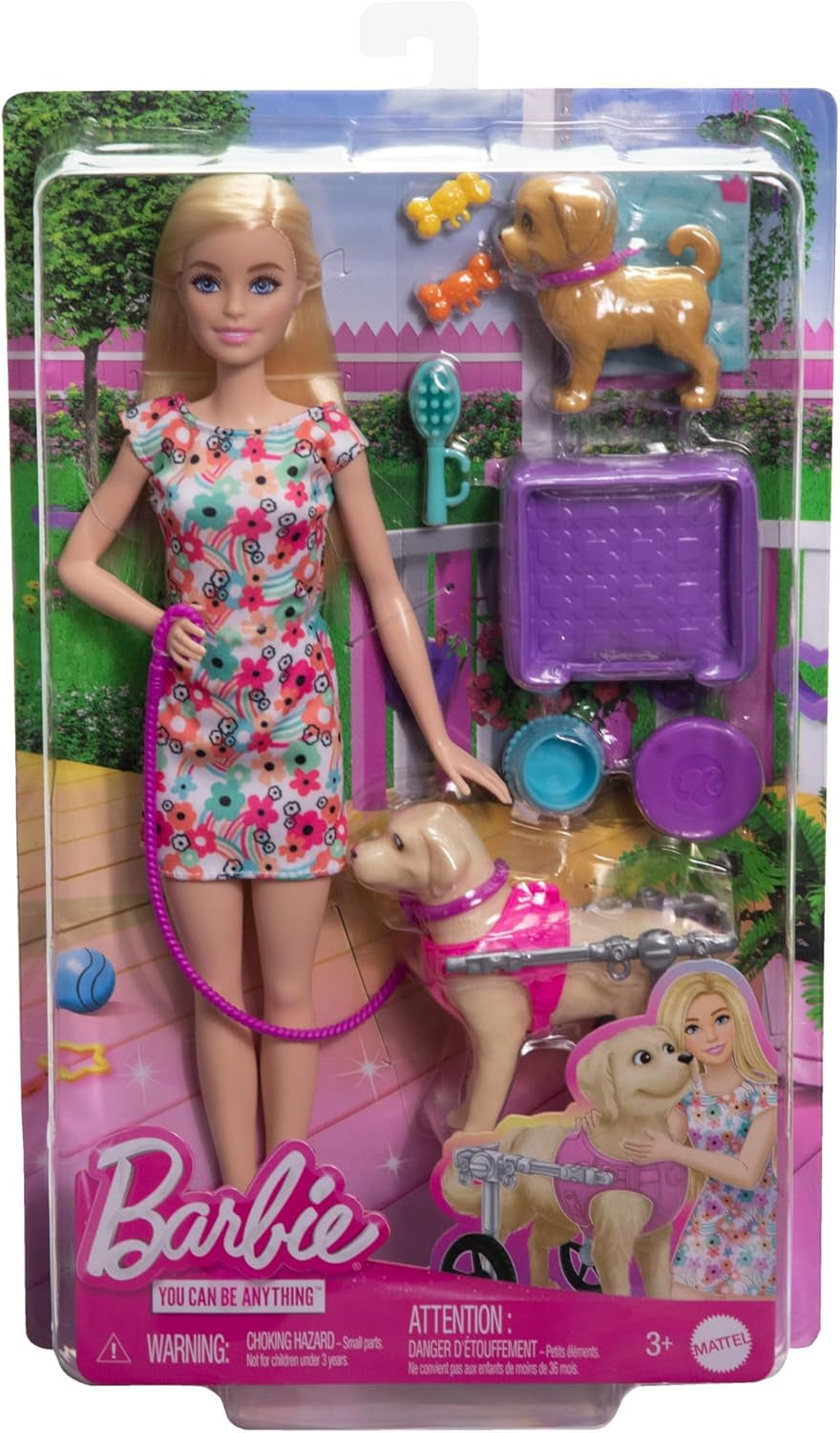 Barbie Dog Duo Poupée et accessoires, y compris chiot et grand chien avec fauteuil roulant, laisse, bol de nourriture, lit pour animal de compagnie et récompenses en os, pour 3 ans et plus, HTK37