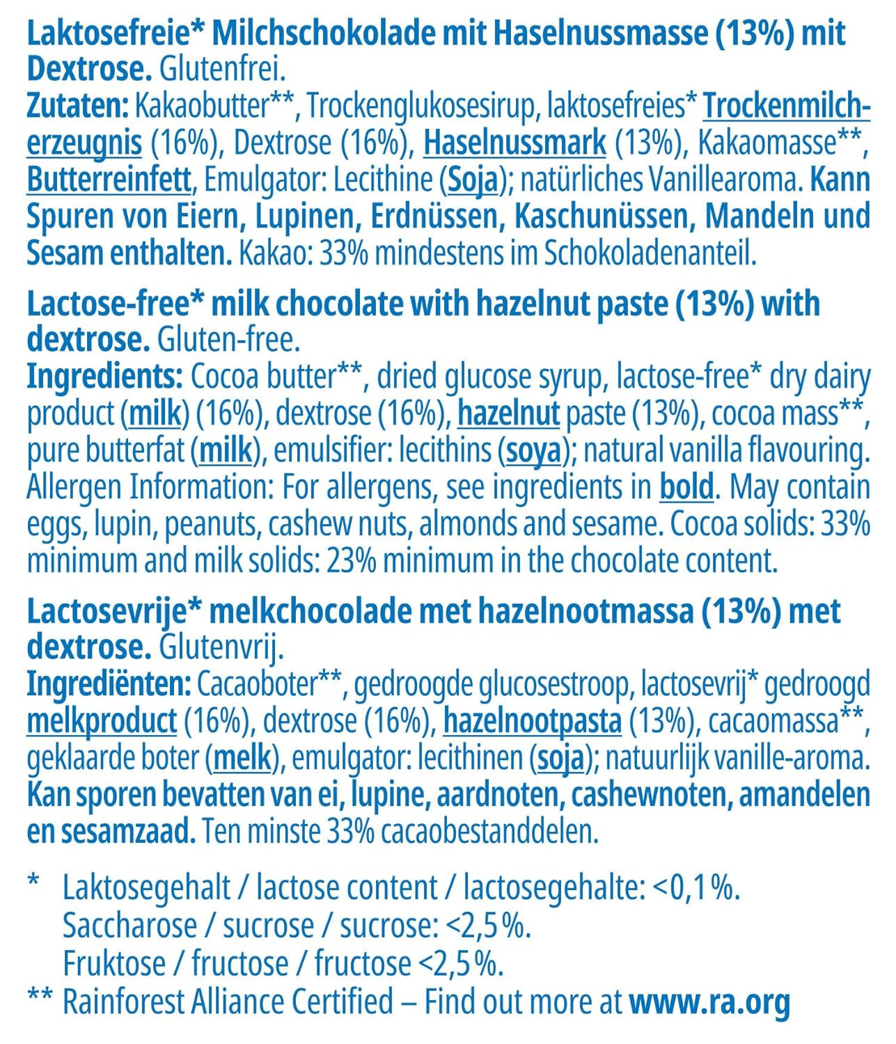 Frankonia Noisette au chocolat et dextrose, sans lactose et sans gluten, 80 grammes