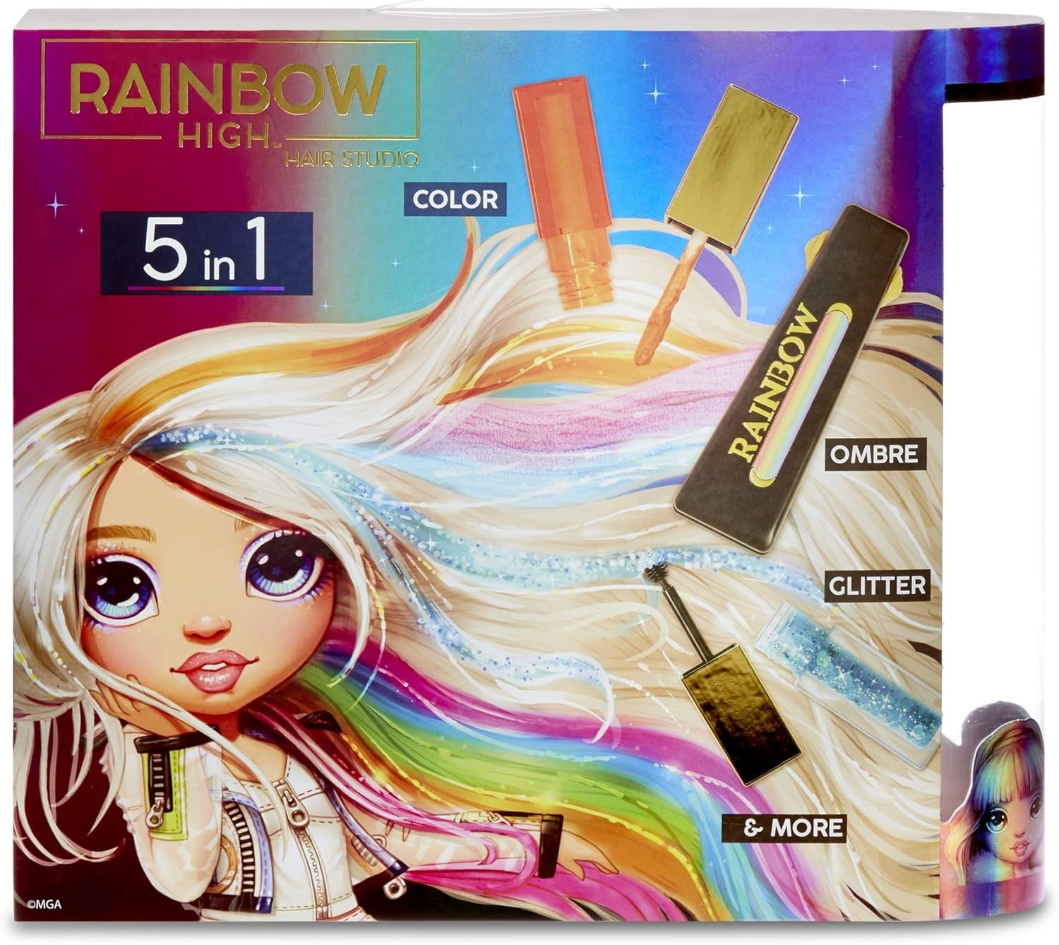 Rainbow High Hair Studio - Coffret exclusif de poupée Amaya Raine avec cheveux longs pour le coiffage - Comprend une craie à cheveux lavable, une brosse à cheveux et des accessoires - Cadeau pour les enfants de 6 ans et plus