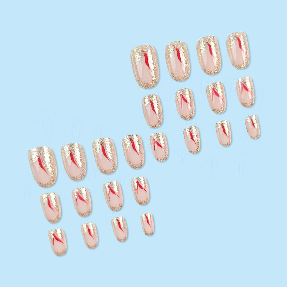 Faux ongles à pression courte, 24 pièces, paillettes dorées, colle sur rouge, ensemble d'ongles adhésifs, accessoires en acrylique pour femmes