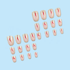 Faux ongles à pression courte, 24 pièces, paillettes dorées, colle sur rouge, ensemble d'ongles adhésifs, accessoires en acrylique pour femmes