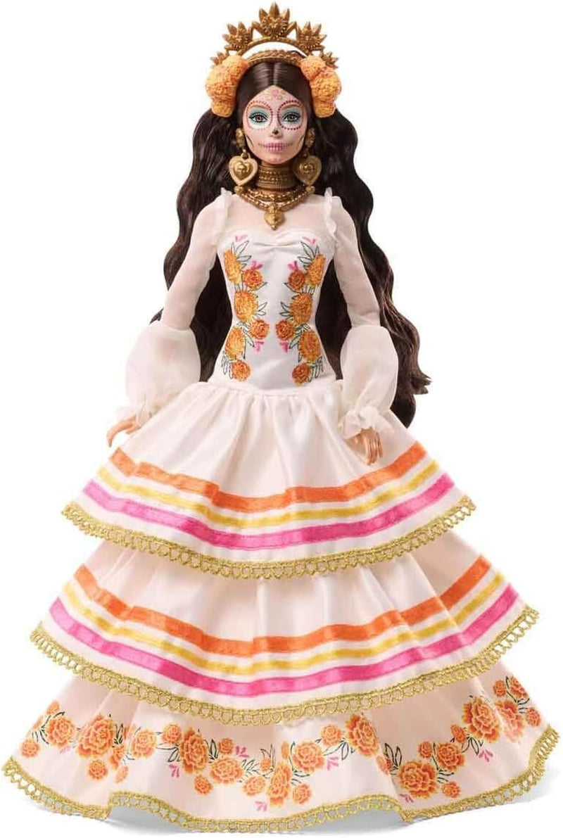 Barbie Signature Day of the Dead 2025 - Figurine de collection en robe crème avec volants, soucis et nœuds, couronne de fleurs dans les cheveux et peinture pour le visage Calavera, JBJ05