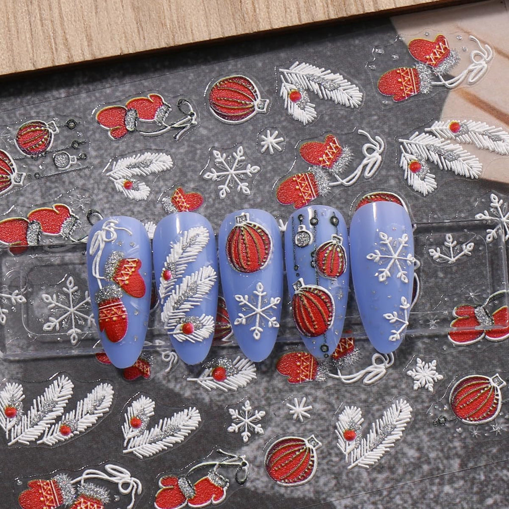 JMEOWIO 3D Nagelsticker Weihnachten Glitzer Nail Art Sticker Selbstklebend Nagelaufkleber 5D Stereoskopisch Schneeflocke Winterurlaub Süß Dekoration Nageldesign Zubehör 4 Blatt