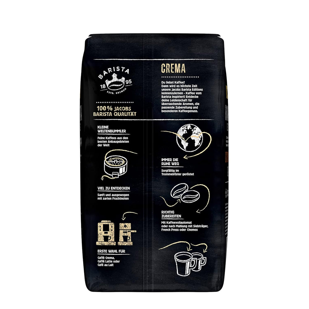 Café en grains Jacobs Barista Crema 1kg – Équilibré, notes d'agrumes, noix, grains Arabica et Robusta, intensité 5/10, idéal pour Caffè Crema (paquet de 2)