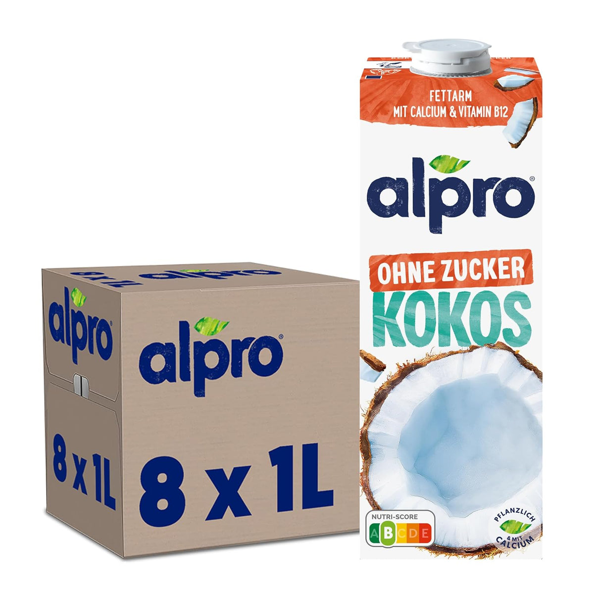 Alpro Kokosnussdrink ohne Zucker – Ohne Süßstoffe – Vegan et sans lait – Von Natur aus lactosefrei et fettarm – Riche en calcium et vitamines – 8 x 1 L