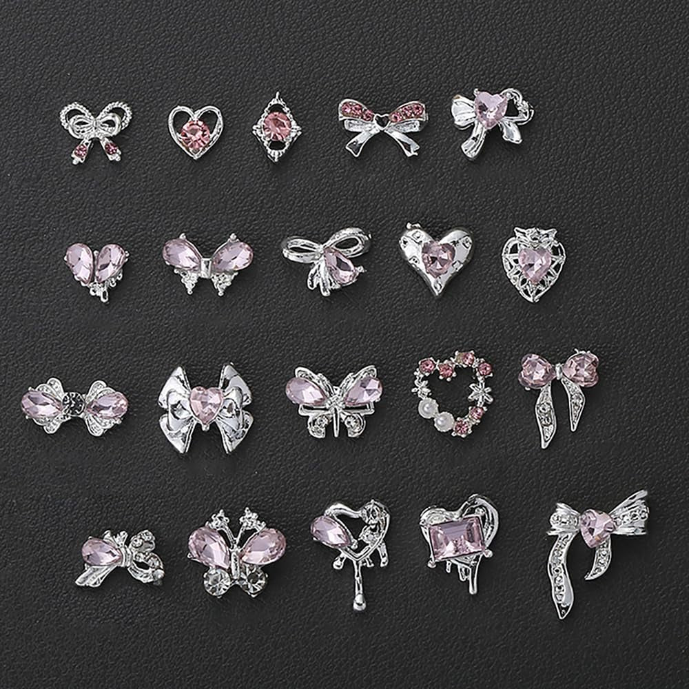 Luxus Rosa Diamant Nagel Charms 3D Butterfly Nail Art Charms Bow Nail Charms Y2K Heart Charms Nägel Zubehör Schmetterling Herz Schleife Nageldesign Edelsteine Strasssteine Glitzersteine Nagelschmuck