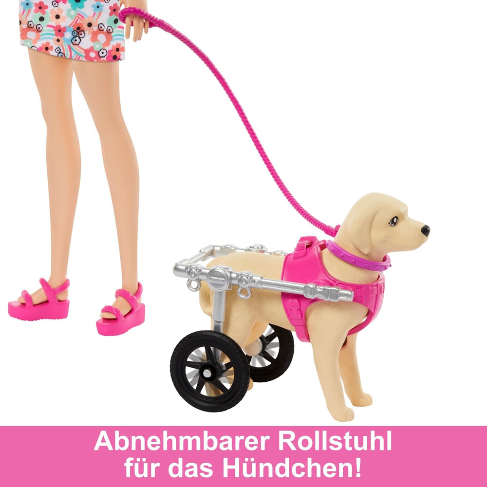Barbie Dog Duo Poupée et accessoires, y compris chiot et grand chien avec fauteuil roulant, laisse, bol de nourriture, lit pour animal de compagnie et récompenses en os, pour 3 ans et plus, HTK37