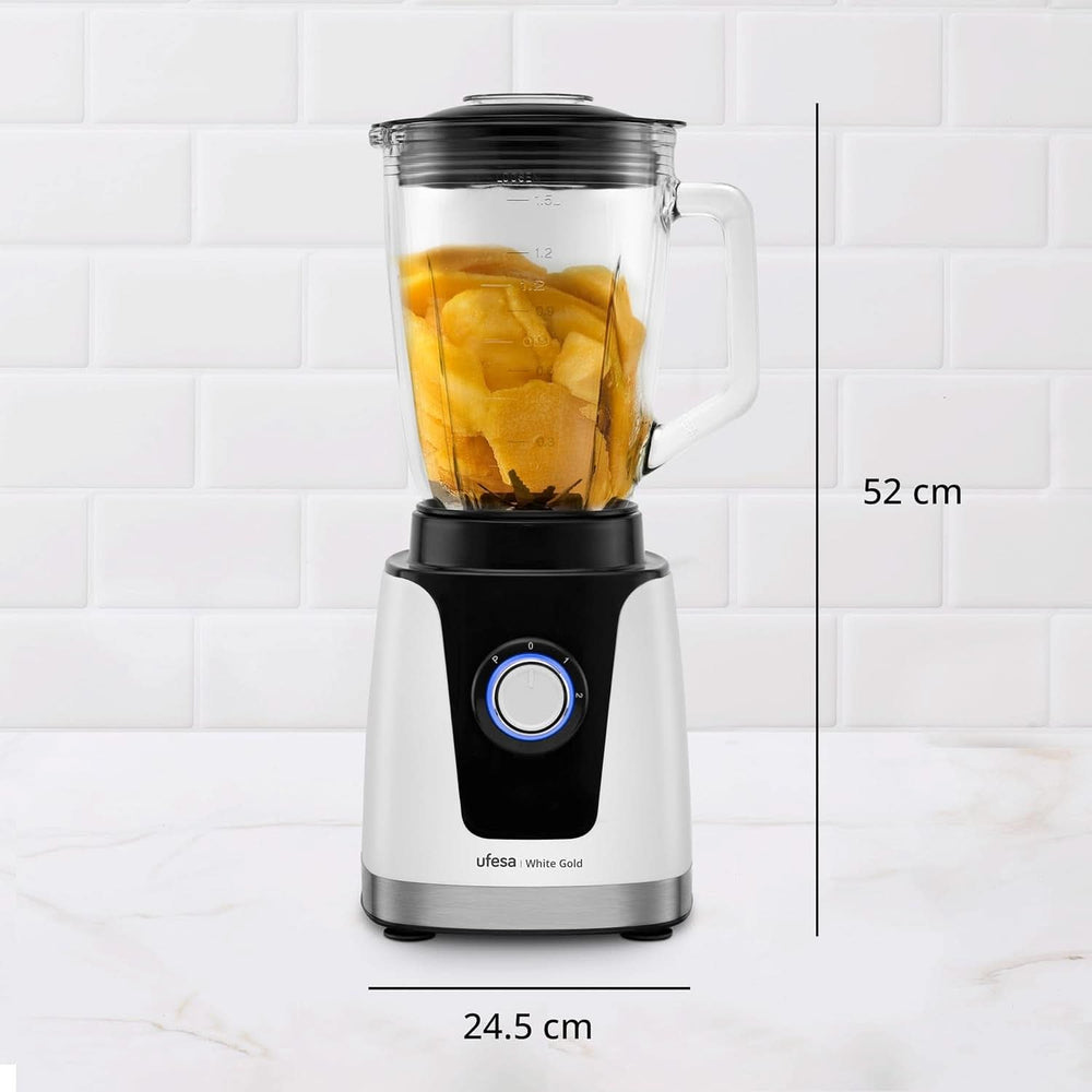 Batteur sur socle Ufesa White Gold, 1500W Leistung, 1,5L Glaskrug, Geschwindigkeitsregler Mit Led-Licht, Ice Crusher, 6 Herausnehmbare Edelstahlklingen, 2 Geschwindigkeiten + TURBO Mother and Child Naty Shop